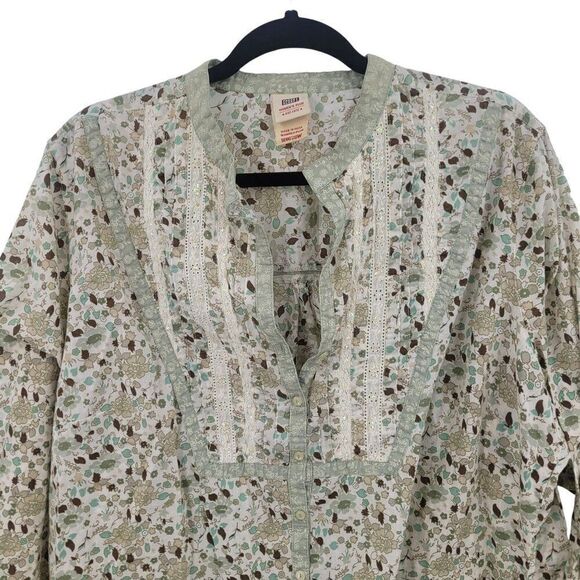 Vintage Ditsy Floral Blouse 18W/20W Green Lace Bib Button Boho Cottagecore - Picture 4 of 12